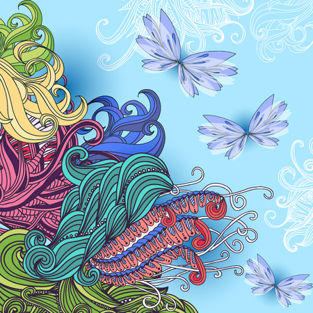 Hand drawn vector card with doodle elements and butterflies.のイラスト素材