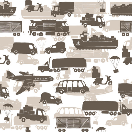 Seamless pattern with types of transport delivery, delivery ways and logistics in business and industry with scooter, bus, trucks, airplane, railway, seaway cargo ship and other.のイラスト素材