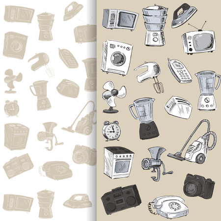 Sketches of household appliances, can be used as backgrounds or other design. Vector illustration.のイラスト素材