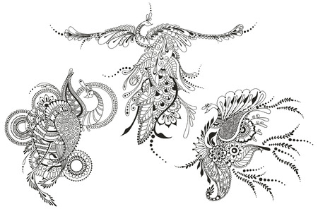 Illustration of three Phoenix Birds. Peacocks for tattoo template, business style, printing on clothes, greeting cards or otherのイラスト素材