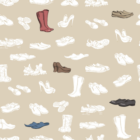 Hand drawing various types of different footwear. Shoes icons sketch, male and female shoes, sandals, boots, moccasins, rubber boots and else. Vector illustration of shoes sketch seamless background.のイラスト素材