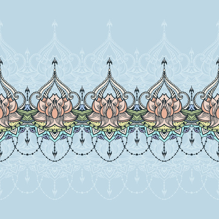 Seamless pattern with lotus in east style. Can be used for backgrounds, business style, tattoo templates, cards design or else. Vector illustration.のイラスト素材