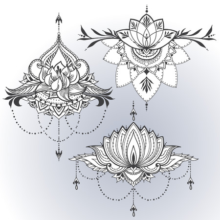 Three hand-drawn lotus flowers in east style. Can be used for backgrounds, business style, tattoo templates, cards design or else. Vector illustration.のイラスト素材