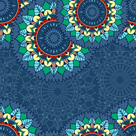 Seamless pattern with colored circular floral ornament. Floral background with mandalas for the greeting cards, invitation, template frame design, business style, cards, textile backgrounds or else. Vector illustration.のイラスト素材