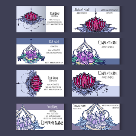 Set of templates for business cards or invitation card with lotuses, floral ornaments, lily. Corporate style. Vector illustration.のイラスト素材