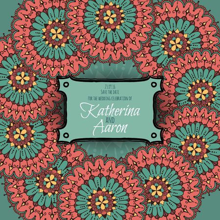 Invitation wedding card with circular floral ornament and place for text. Vector illustration.のイラスト素材