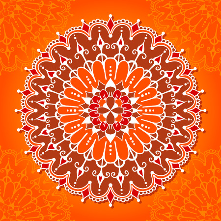 Card with circular ornamental design. Round Pattern Mandala. Background for the greeting cards, invitation, business style, cards or else. Vector illustration in orange colors.のイラスト素材