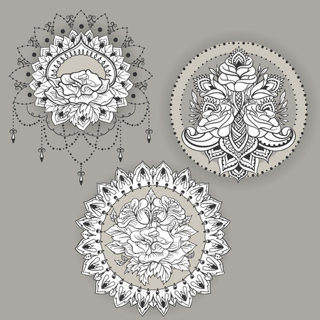 Freehand drawing of three tattoo templates with roses in east style. Can be used for backgrounds, business style, tattoo templates, cards design or else.のイラスト素材