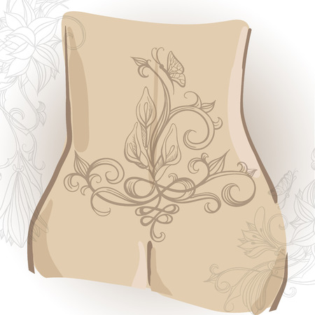 Freehand drawing of tattoo with lilies on the woman's booty. Can be used for backgrounds, business style, tattoo templates, cards design or else.のイラスト素材