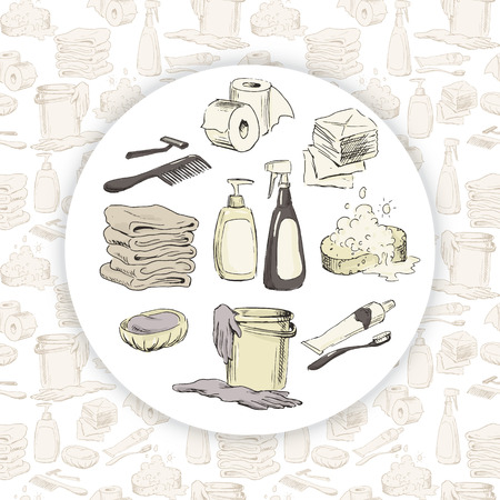 Sketches of hygiene elements on seamless background. Hand-drawn objects for keeping cleanliness in the house. Can be used as icons or else. Vector illustration.のイラスト素材