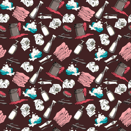 Seamless pattern with hand-drawn hygiene elements. Vector illustration.のイラスト素材