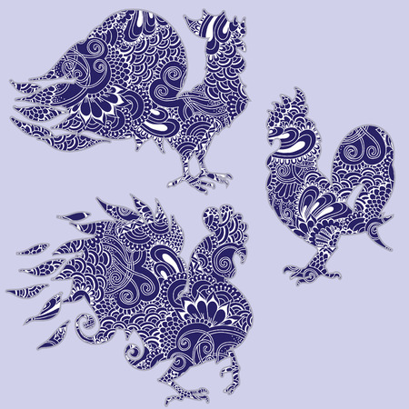 Hand-drawn illustrations of birds. Drawings of three roosters. Vector illustration with doodle elements.のイラスト素材