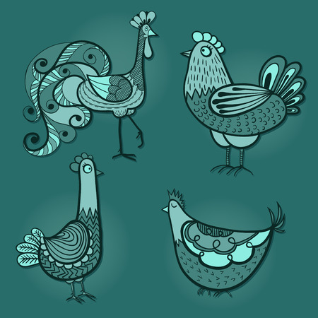 Hand-drawn illustrations of birds. Drawing of  the rooster and three chickens. Vector illustration.のイラスト素材