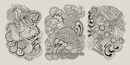 Hand drawn vector card with three abstract doodle elements in grey colors.のイラスト素材