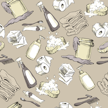 Seamless pattern with hand-drawn hygiene elements. Vector illustration.のイラスト素材