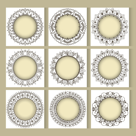 Set of nine frames. Square frames with eastern mandala elements. Floral ornaments in mehndi style. Vector template.のイラスト素材