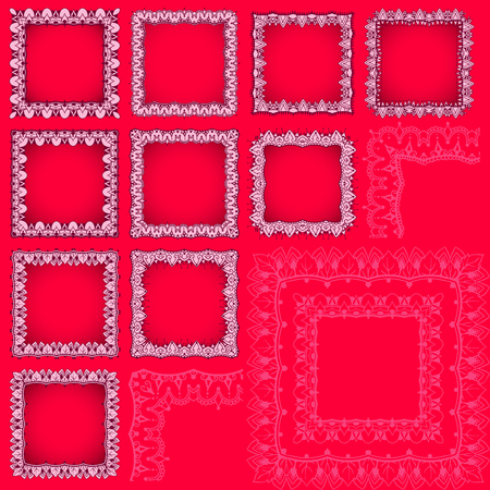 Set of ten borders. Square frames with eastern elements. Floral ornaments in mehndi style. Vector template.のイラスト素材