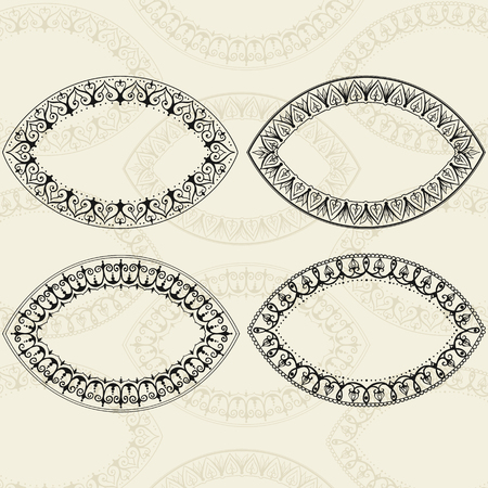 Four oval frames in east style. Can be used for the congratulations cards, mirrors framing, printing on clothing, frames for photo or other. Vector hearts.のイラスト素材