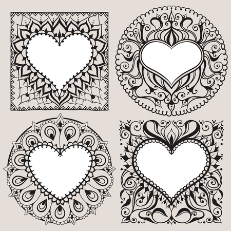 Four frames with hearts in east style. Can be used for the congratulations cards on the Valentines day, printing on clothing, frames for photo or other. Vector hearts.のイラスト素材