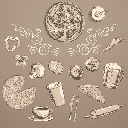Set of sketches for fast food. Pizza elements. Drinks and food.のイラスト素材