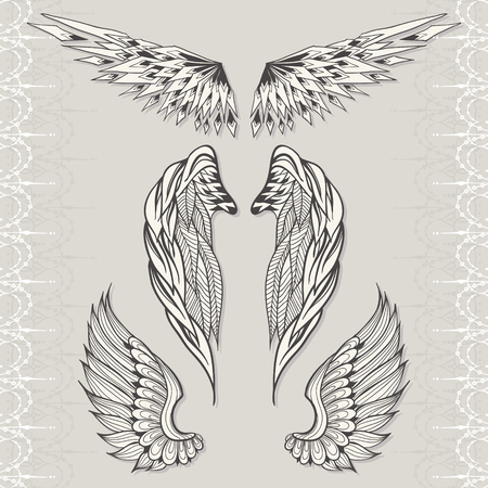 Three sketches of wings. Spread wings and folded against the backdrop with stripes in east style.のイラスト素材