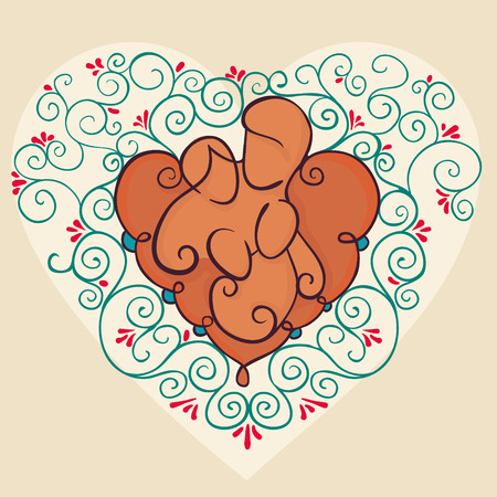 Symbol of a happy family concepts. Parents and a baby on floral heart background. Vector illustration with mother, father and children.のイラスト素材