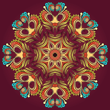 Card with colored circular ornament. Round Pattern Mandala. Pattern for the greeting card or invitation, template frame design for card, vector illustrationのイラスト素材