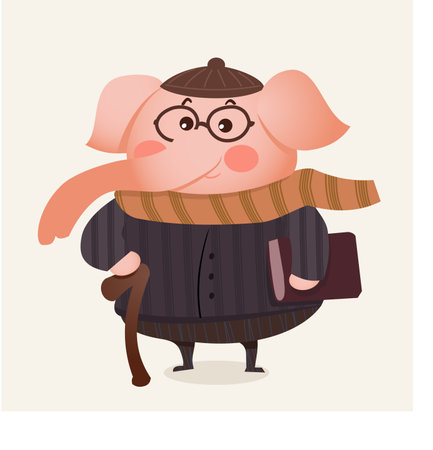 The cute elephant professor wore a warm sweater and hat. Vector illustration.のイラスト素材