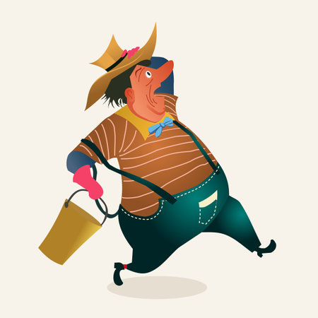 Vector illustration of a farmer running with a bucket of water in his handのイラスト素材