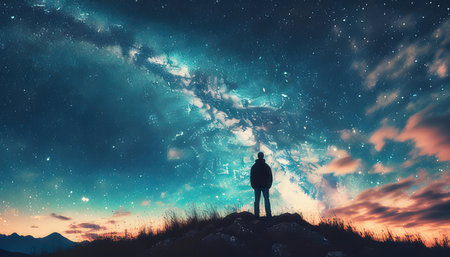 Man standing on top of hill and looking at night starry skyの素材