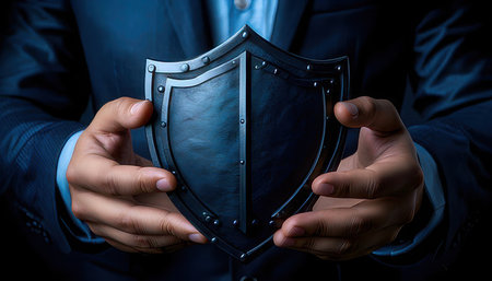 Close up of businessman hands holding shield, security and protection concept.の素材