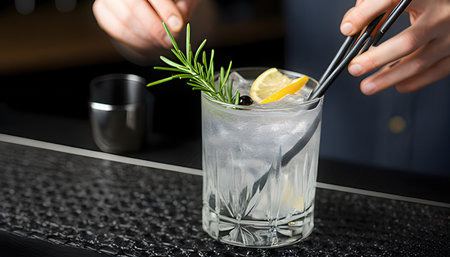 Barman making cocktail with rosemary on bar counter, closeupの素材