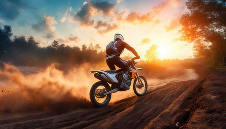 Motocross rider on the road at sunset. 3d renderingの素材