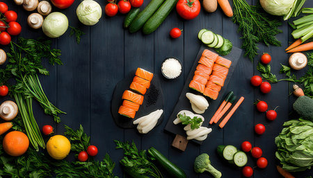 Healthy eating concept. Top view of assorted raw ingredients for sushi on black wooden backgroundの素材