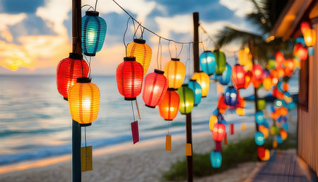 Colorful paper lanterns on the beach in the evening, Thailand.の素材