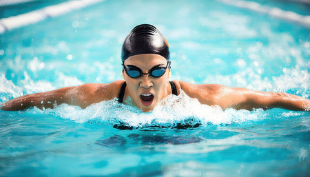 Portrait of female swimmer in cap and goggles swimming in poolの素材