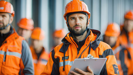 Portrait of a young man in orange helmet with clipboard in front of a group of workers