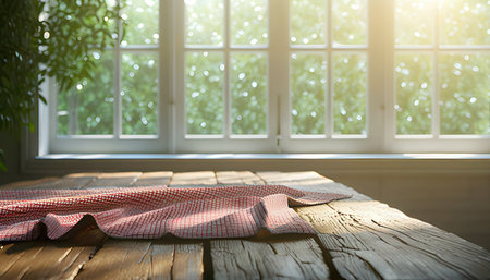 Wooden table with tablecloth and window view. 3D Renderingの素材