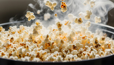 Popcorn with white smoke on a black background. Selective focus.の素材