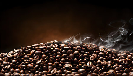 roasted coffee beans with smoke on dark background, close-upの素材