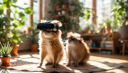 two hamsters playing with virtual reality glasses on the floor in the roomの素材