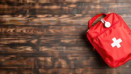 First aid kit on wooden background, top view. Space for textの素材
