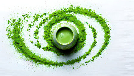 Matcha green tea powder in bowl on white wooden background, top viewの素材