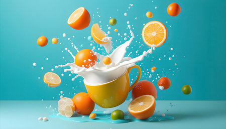 Milk splash with oranges and lemons in yellow cup on blue backgroundの素材