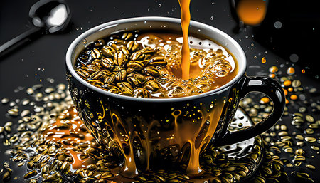 Coffee pouring into a cup with coffee beans on black backgroundの素材