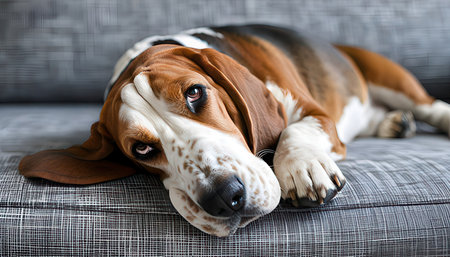 Dog breed Basset Hound lying on sofa and looking at camera.の素材
