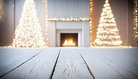 White wooden floor with christmas tree and fireplace in the background.の素材
