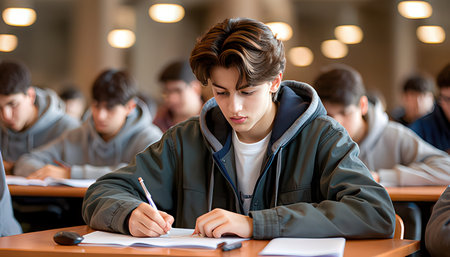 Teenage boy writing in notebook while sitting at desk in auditoriumの素材