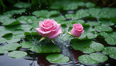 Water drop falling on pink flower with green leaf background.の素材