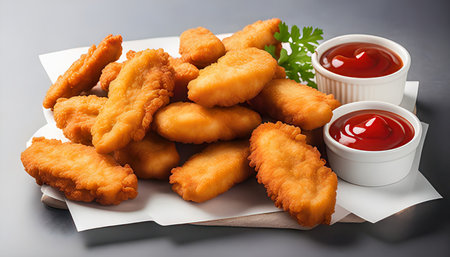 Fried chicken nuggets with ketchup and parsley on black backgroundの素材